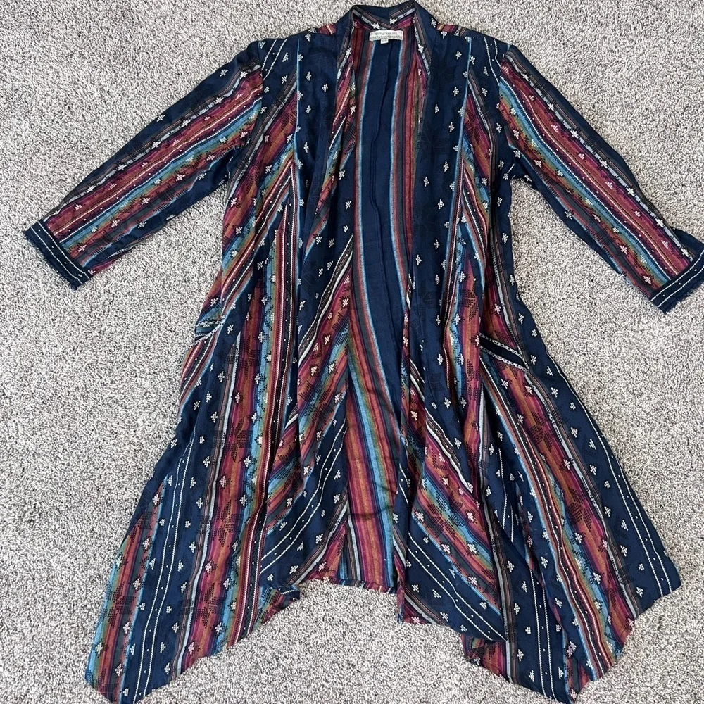 World Market Women’s 100% Cotton Navy Blue Multicolored Kimono Jacket Boho S/M